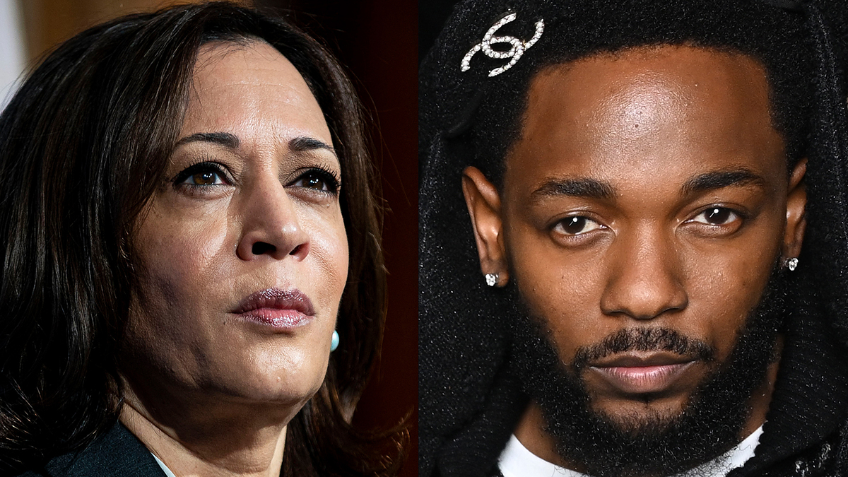 Kamala Harris and Kendrick Lamar are shown side-by-side, each looking serious. Kamala Harris has shoulder-length hair and Kendrick Lamar has a black hoodie with a chain detail
