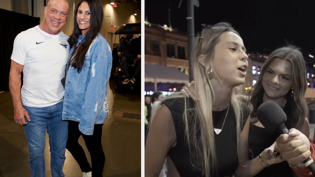 Two images side by side. Left: Two people smiling, one in a white shirt, the other in a denim jacket. Right: Two people speaking into a microphone, one holding it, the other smiling
