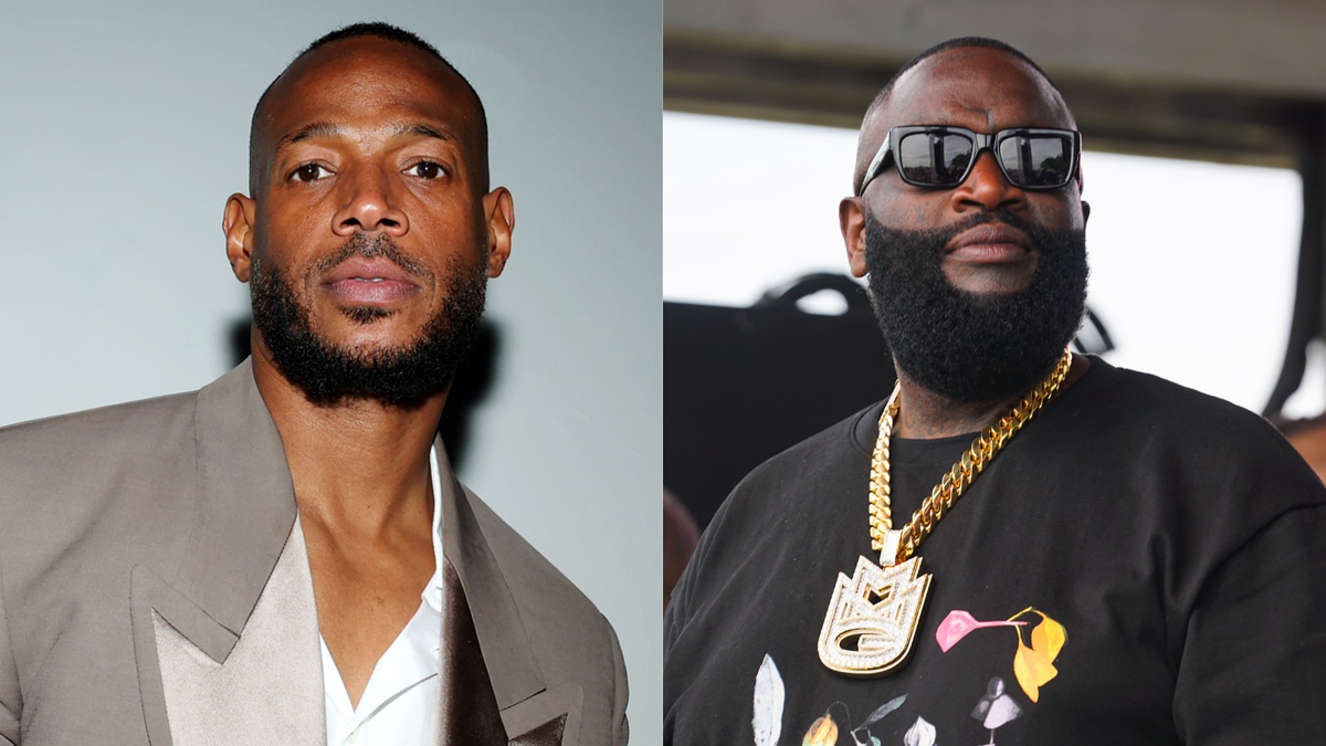 Marlon Wayans in a suit jacket and open collar shirt, alongside Rick Ross in sunglasses, a chain necklace, and a graphic t-shirt