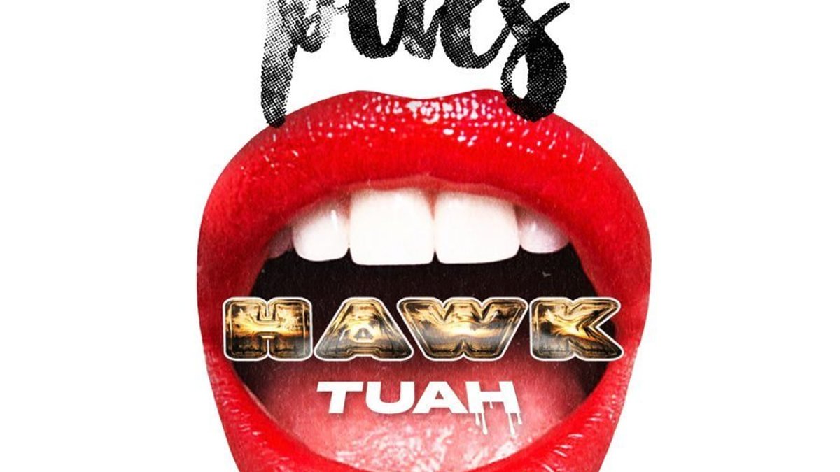 Cover art for Plies' single "Hawk Tuah" by Big Gates Records, featuring an open mouth with the words "HAWK TUAH" in gold and silver letters inside the mouth