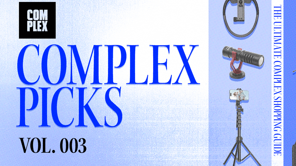 Complex Picks Vol. 003 cover features various tech gadgets, including a ring light, microphone, tripod, and camera setup, alongside the title "The Ultimate Complex Shopping Guide."