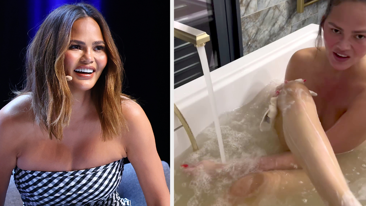 Chrissy Teigen: On the left, speaking on stage in a patterned dress. On the right, in a bathtub, raising her leg with visible water