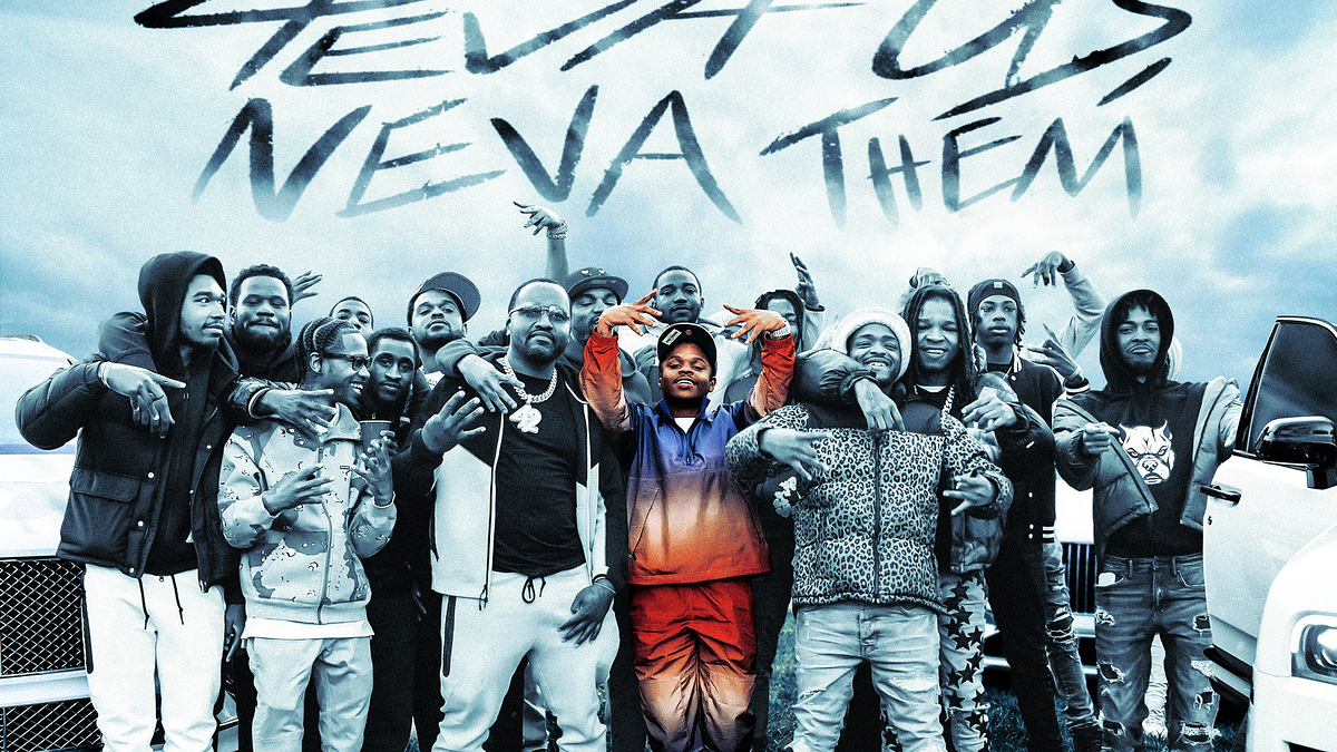 Group photo of 19 individuals in streetwear posing in front of cars. Text: "4EVA US NEVA THEM" and "42 DUGG"