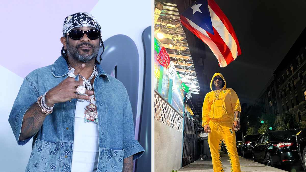 Jim Jones poses in denim and sunglasses on the left; another man in a yellow hoodie stands under a Puerto Rican flag at night on the right