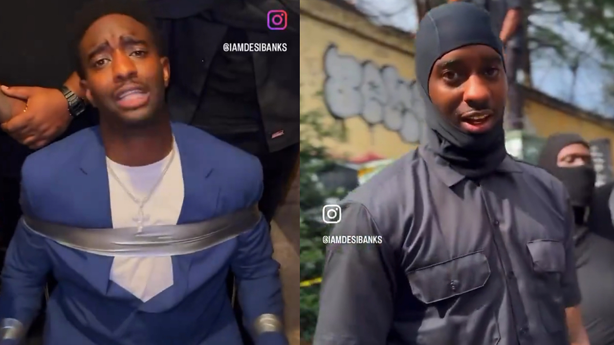 Two images of Desi Banks: one of him tied to a chair with duct tape, wearing a suit; and another of him outside, dressed in dark tactical gear