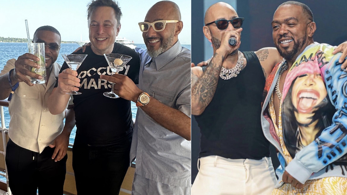 From left: Music artists Usher, Elon Musk, Kasseem "Swizz Beatz" Dean with drinks; Swizz Beatz and Timbaland performing on stage