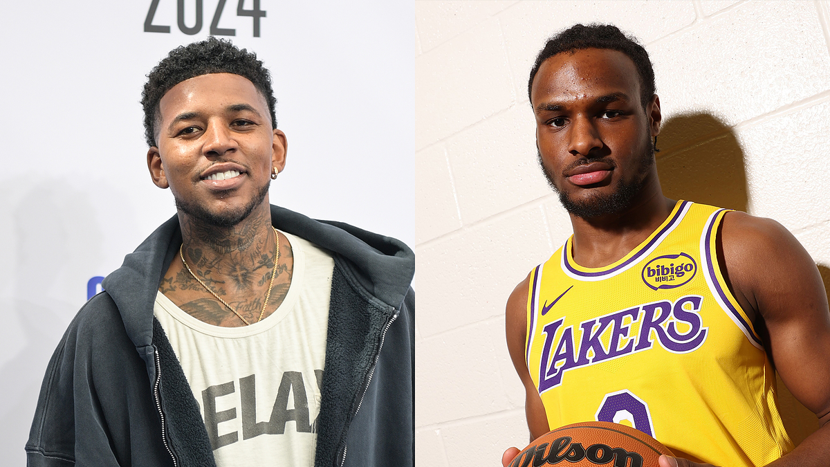 Nick Young and Bronny James on a split screen. Nick wears casual clothing with a hoodie, and Bronny is in a Lakers jersey holding a basketball