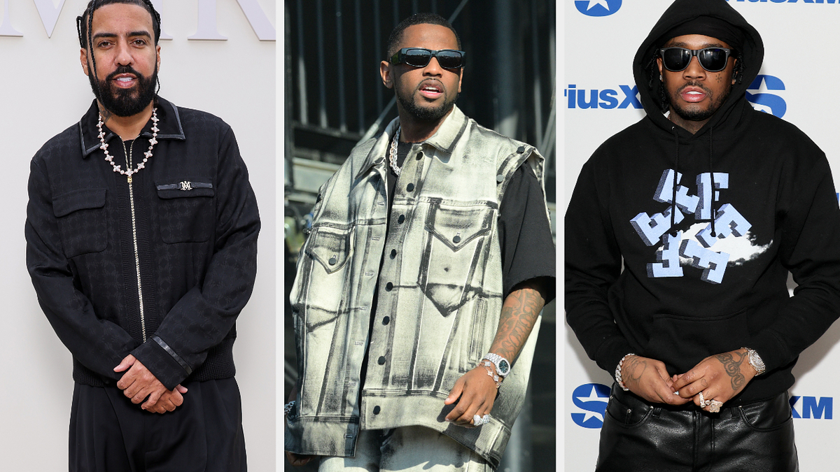 French Montana in a black jacket, Chris Brown in a denim vest, and Fivio Foreign in a black hoodie and leather pants, photographed at various music events