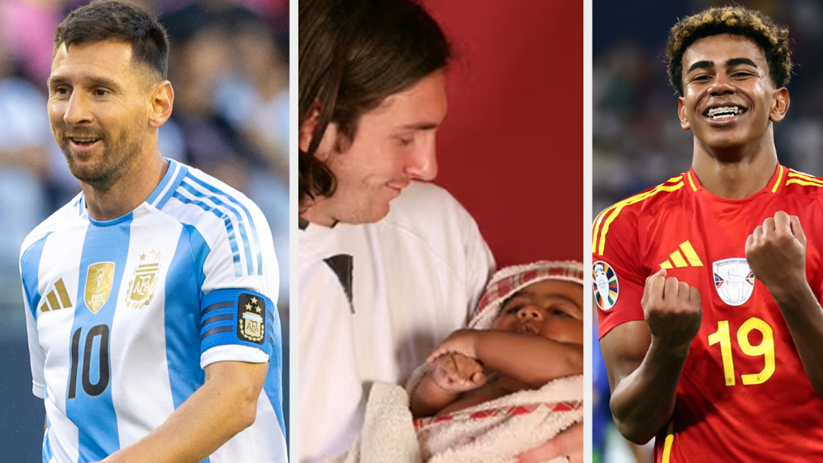 Lionel Messi on the field in a soccer uniform, a person holding a baby wrapped in a towel, and a player joyfully celebrating in a soccer uniform