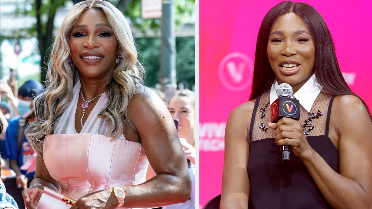 Serena Williams left on a red carpet in a strapless dress, and Venus Williams right at a sports event in a sleeveless top, speaking into a microphone