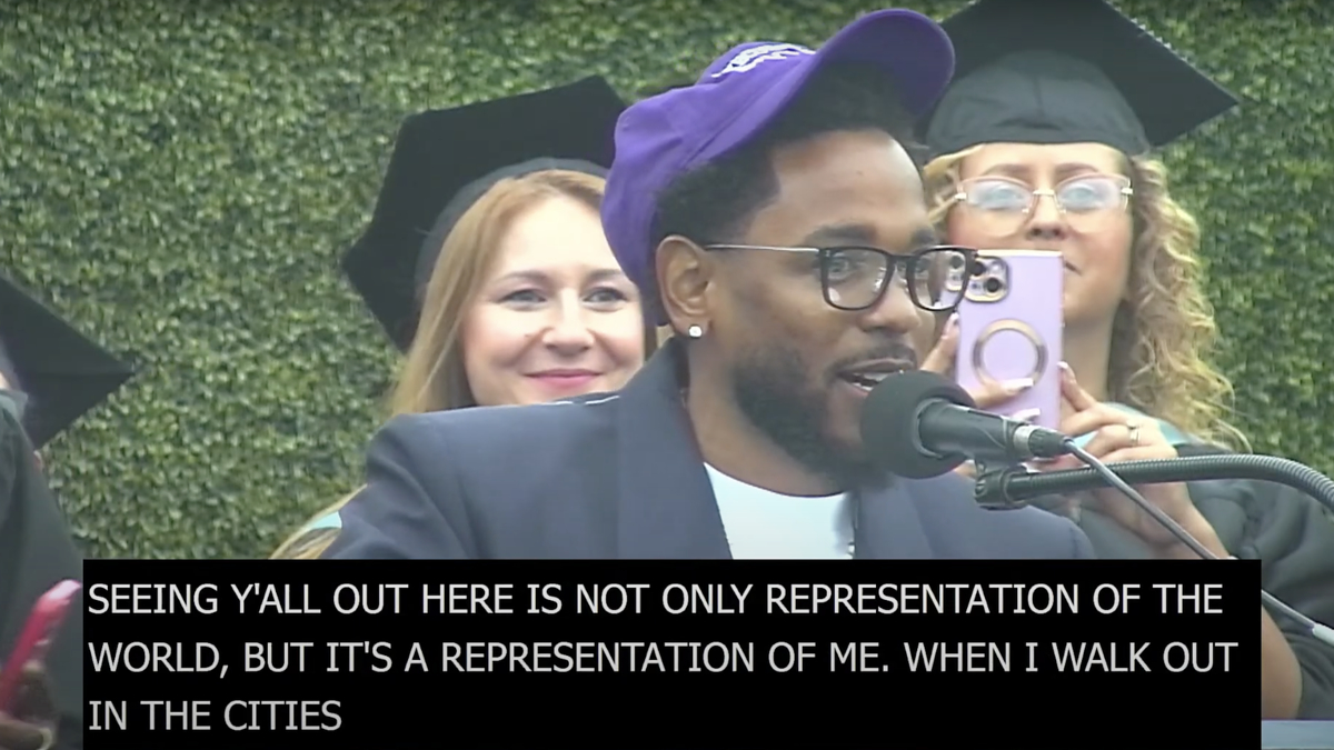 Kendrick Lamar giving a speech at a graduation ceremony, wearing a purple cap and gown, with graduates in the background. Captions: "SEEING Y'ALL OUT HERE IS NOT ONLY REPRESENTATION OF THE WORLD, BUT IT'S A REPRESENTATION OF ME. WHEN I WALK OUT IN THE CIT