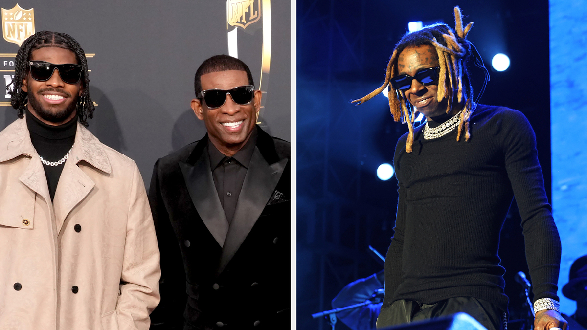 Shedeur Sanders and Deion Sanders at an event in formal wear. Lil Wayne performs on stage wearing casual attire and sunglasses