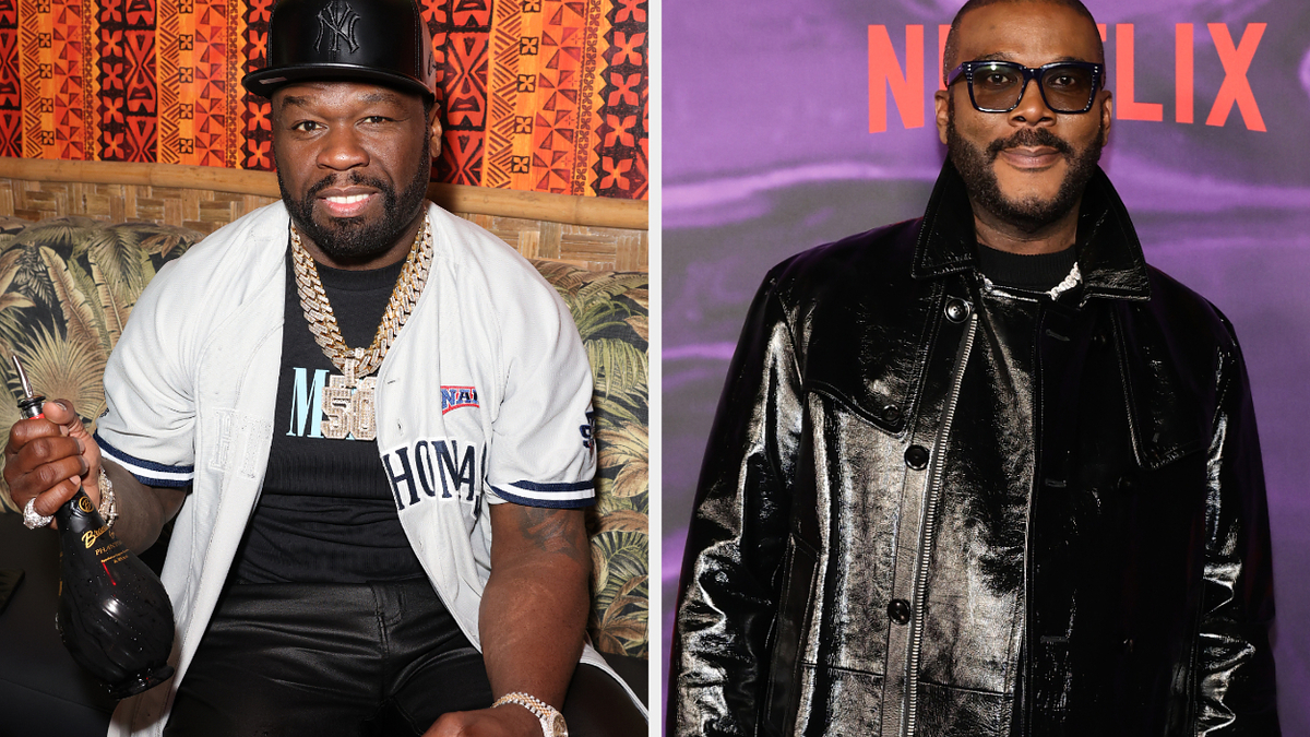 50 Cent holds a bottle and glass, wearing layered chains and a jersey. Tyler Perry is in a black leather coat and sunglasses at a Netflix event