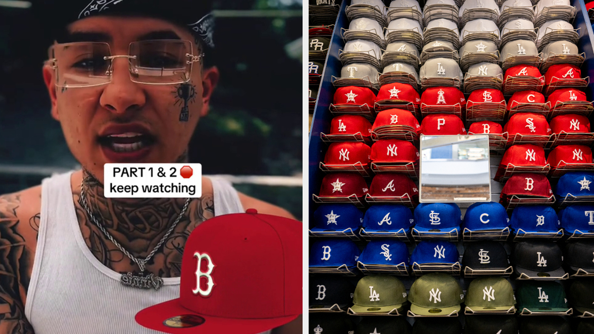 A person with glasses and tattoos, appears next to a display of various baseball caps, store display shows rows of various baseball caps with team logos, including New York Yankees, Atlanta Braves, and others; which gang wears nationals hat in california