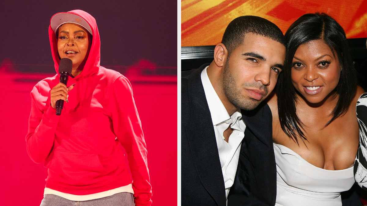 Taraji P. Henson in red hoodie on stage; Taraji P. Henson and Drake in formal attire at an event