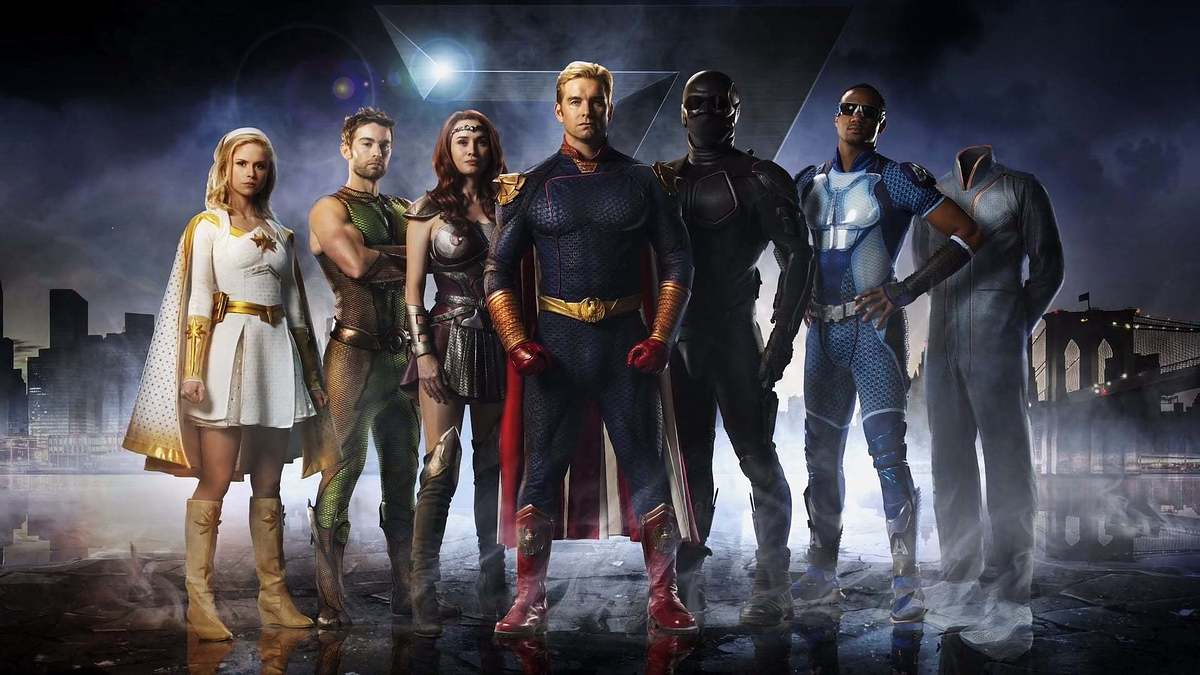 The image shows superhero characters Annie January, Kevin Moskowitz, Queen Maeve, Homelander, Black Noir, and A-Train from the TV show The Boys, standing together