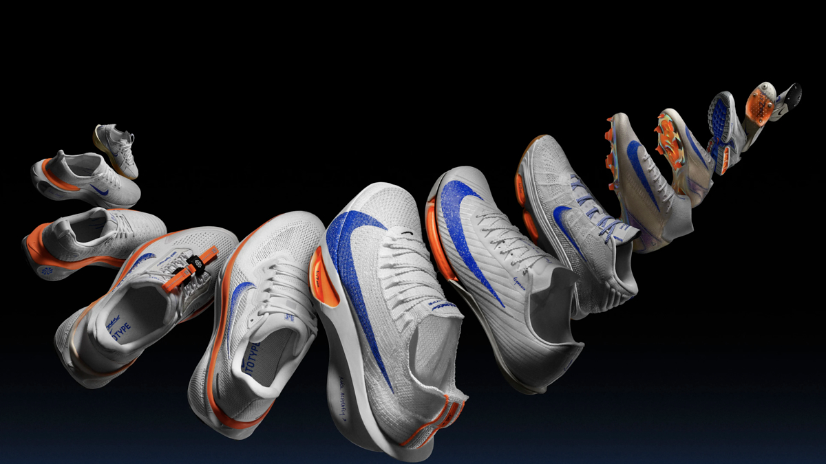 Various Nike sneakers in different orientations, showcasing their design and features. The sneakers are arranged in a spiraling pattern against a plain background