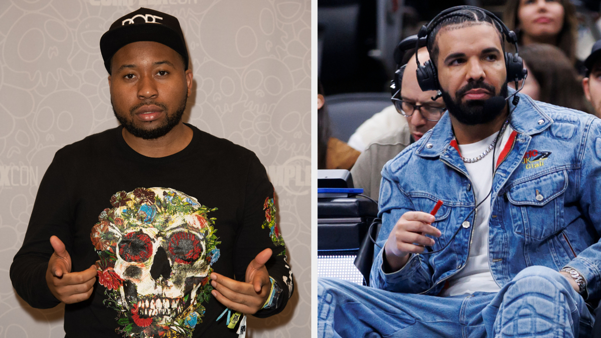 DJ Akademiks gesturing with hands up, wearing a graphic sweatshirt; Drake sitting courtside in double denim attire during a basketball game