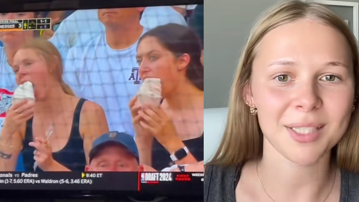 Two women eating burritos at a sports event on the left; a person smiling at the camera on the right
