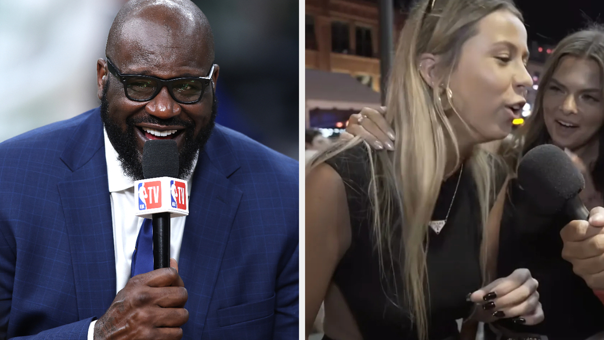 Shaquille O'Neal speaks into an NBA-branded microphone on the left side of the image. Two women, smiling and laughing, speak into a microphone on the right side