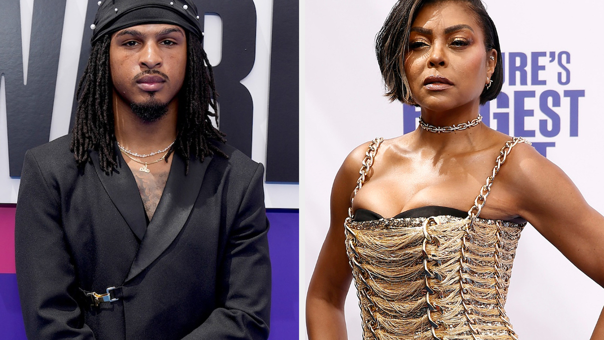 Taraji P. Henson in a gold chain dress and Woody McClain in a black suit at a formal event