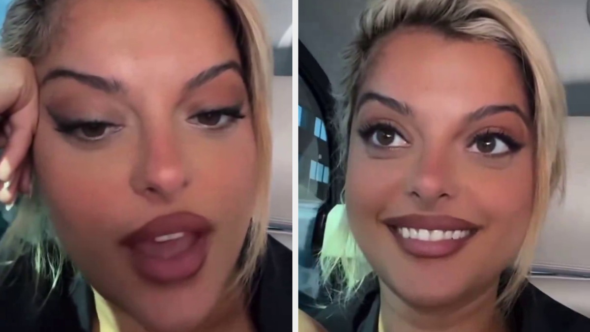 Bebe Rexha shown in two close-up selfies while sitting in a car, looking relaxed and smiling
