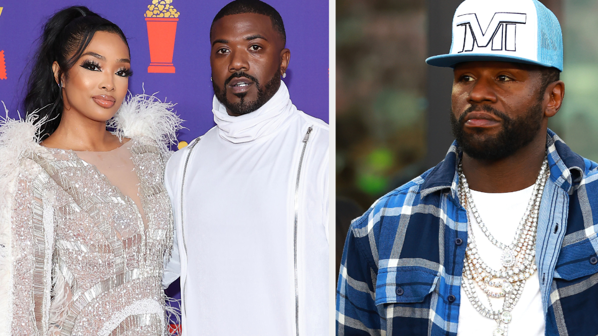 Princess Love in a glittery dress with feather details stands with Ray J in a white outfit at an event. Floyd Mayweather Jr. wears a blue plaid shirt and cap