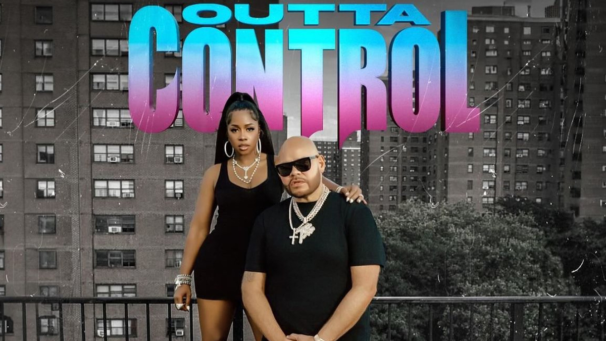 Remy Ma and Fat Joe stand on an urban rooftop, promoting their music collaboration "Outta Control." Remy Ma wears stylish black outfit with large earrings