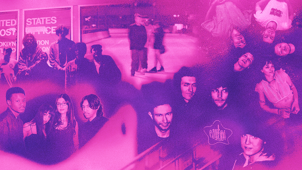 Group photo featuring multiple individuals from the music community with posters in the background. The image includes a diverse range of people