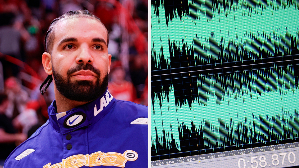 Drake in a sports jacket with audio waveforms displayed on a monitor