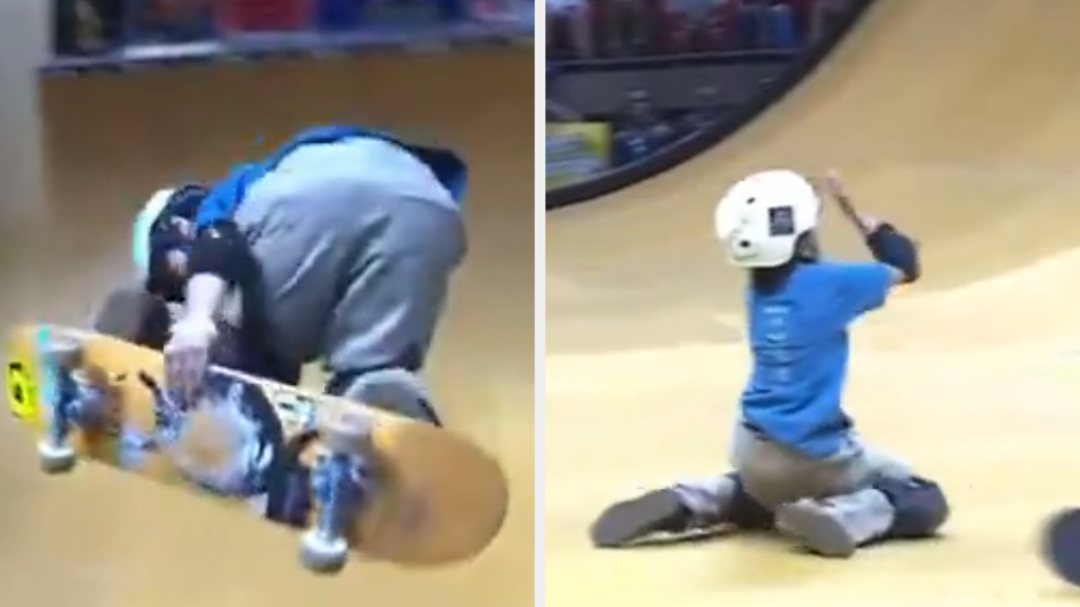 Two images of a skateboarder performing aerial tricks and then falling on a ramp during a skateboarding competition. No people identified