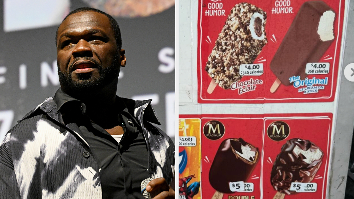 50 Cent stands in front of a stage. Next to him is an ice cream menu displaying prices and flavors including Chocolate Éclair for $4 and Magnum Donuts for $5