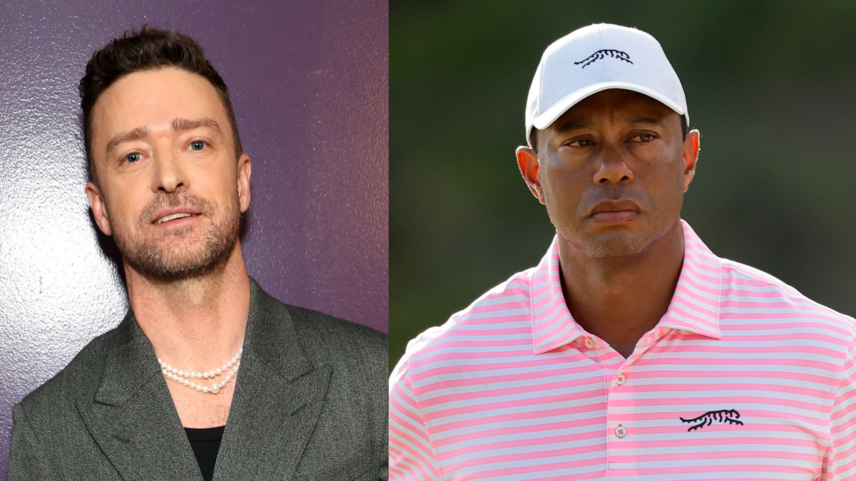 Justin Timberlake in a gray blazer and pearl necklace next to Tiger Woods in a pink-striped polo shirt and white cap with a black logo