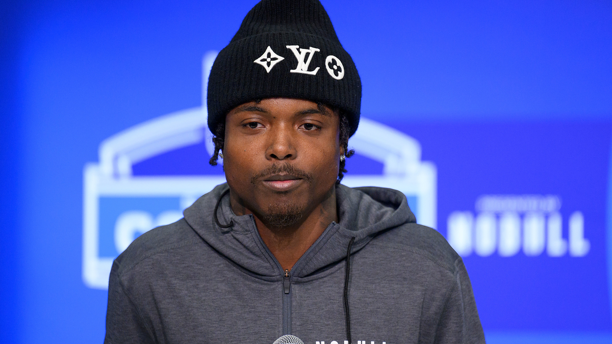 Khyree Jackson answers questions from the media during the NFL Scouting Combine on February 29, 2024, at the Indiana Convention Center in Indianapolis, IN.
