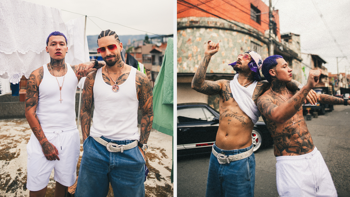 Blessd and Maluma, both in white tank tops and tattoos, pose stylishly outdoors. First photo is a serious pose, and the second photo is more playful