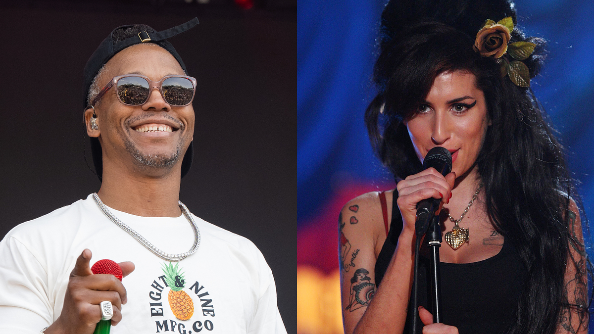Lupe Fiasco wears a graphic t-shirt and cap, smiling. Amy Winehouse sings into a microphone, dressed in a black tank top with her signature beehive hairstyle