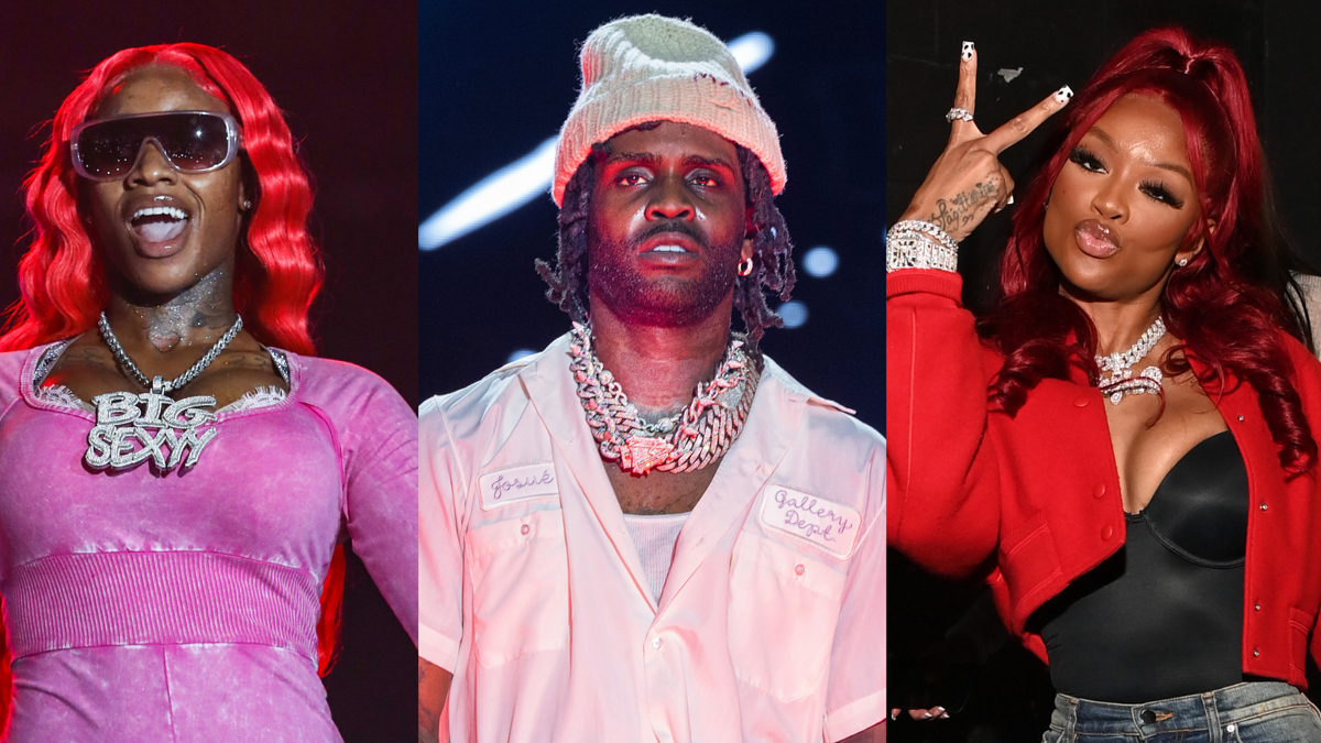 GloRilla, Sexyy Red, and Gloss Up are pictured. GloRilla wears a necklace with "Big Glo," Sexyy Red wears a bright fur coat, and Gloss Up wears a red jacket