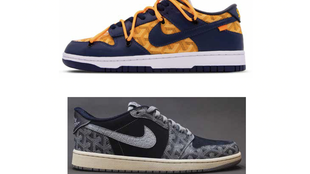 Two pairs of Nike sneakers: the top pair features a navy blue and orange design, while the bottom pair has a black and gray pattern