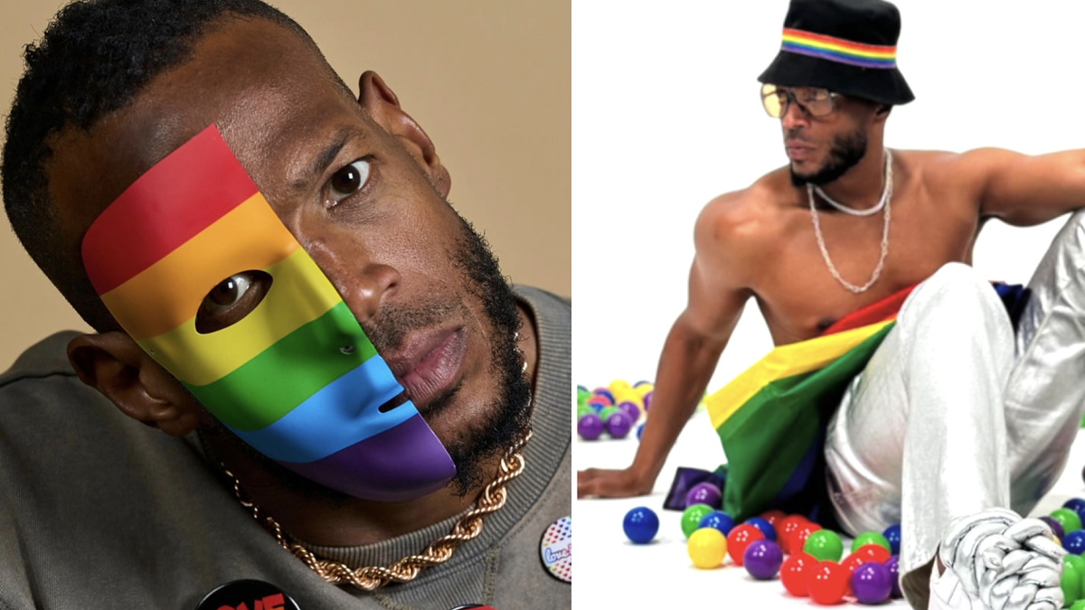 Marlon Wayans with a rainbow mask and "Love" pin, and Masego shirtless, wearing a rainbow hat and white pants, surrounded by colorful balls
