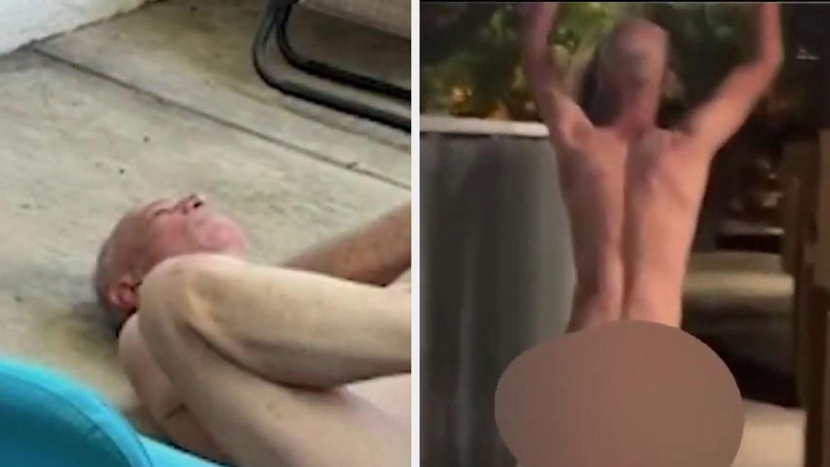Two photos of a shirtless, elderly man lying on the ground on the left and standing with hands raised on the right. Faces and identities are not visible