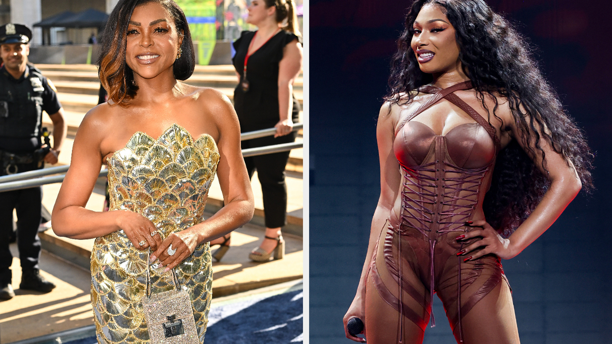 Taraji P. Henson in a sequined gown and Megan Thee Stallion in a form-fitting bodysuit at separate public events