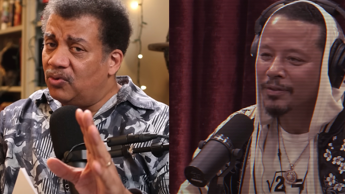 Neil deGrasse Tyson and Terrence Howard engaged in conversation during individual podcast interviews