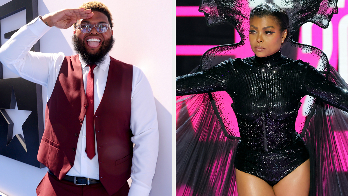 Side-by-side images: Left, man in white shirt, burgundy vest, and tie salutes. Right, woman in black sequined bodysuit performs with dramatic black wings