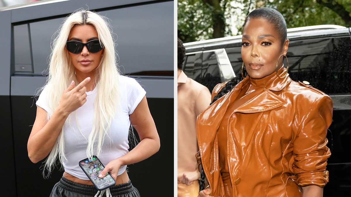 Kim Kardashian in casual attire with a white top and gray pants. Janet Jackson in a stylish brown leather outfit with her hair pulled back