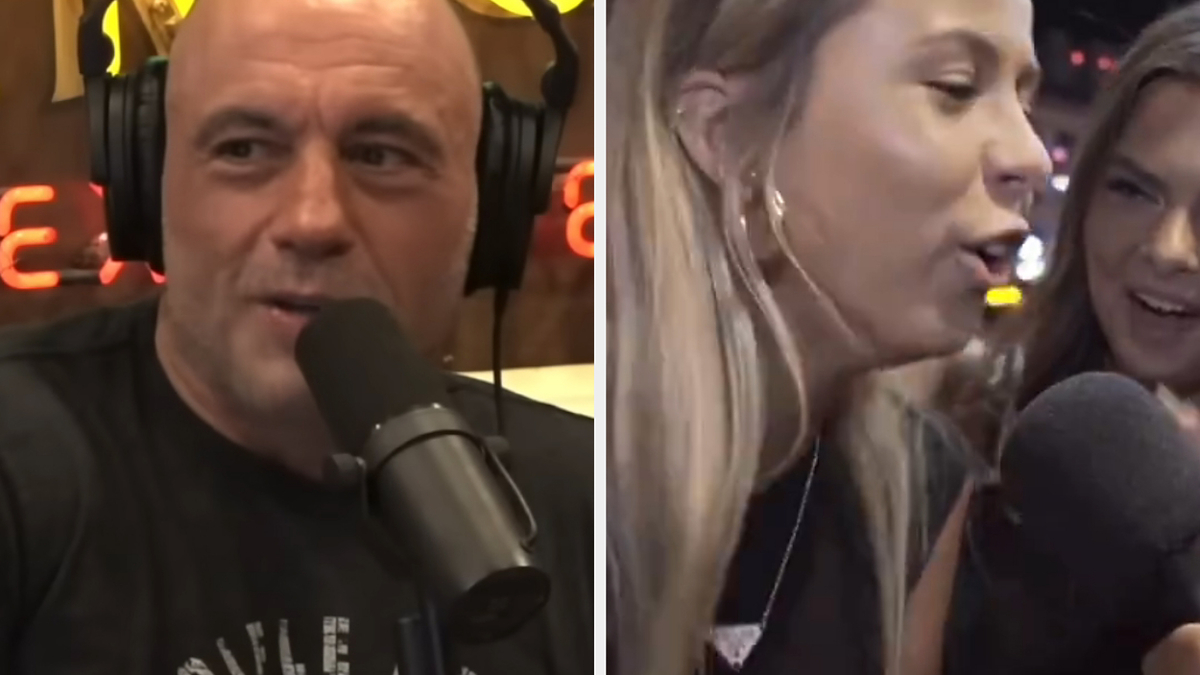 Joe Rogan wearing a headset, speaking into a microphone. Beside him, two women are talking into a microphone on a busy street