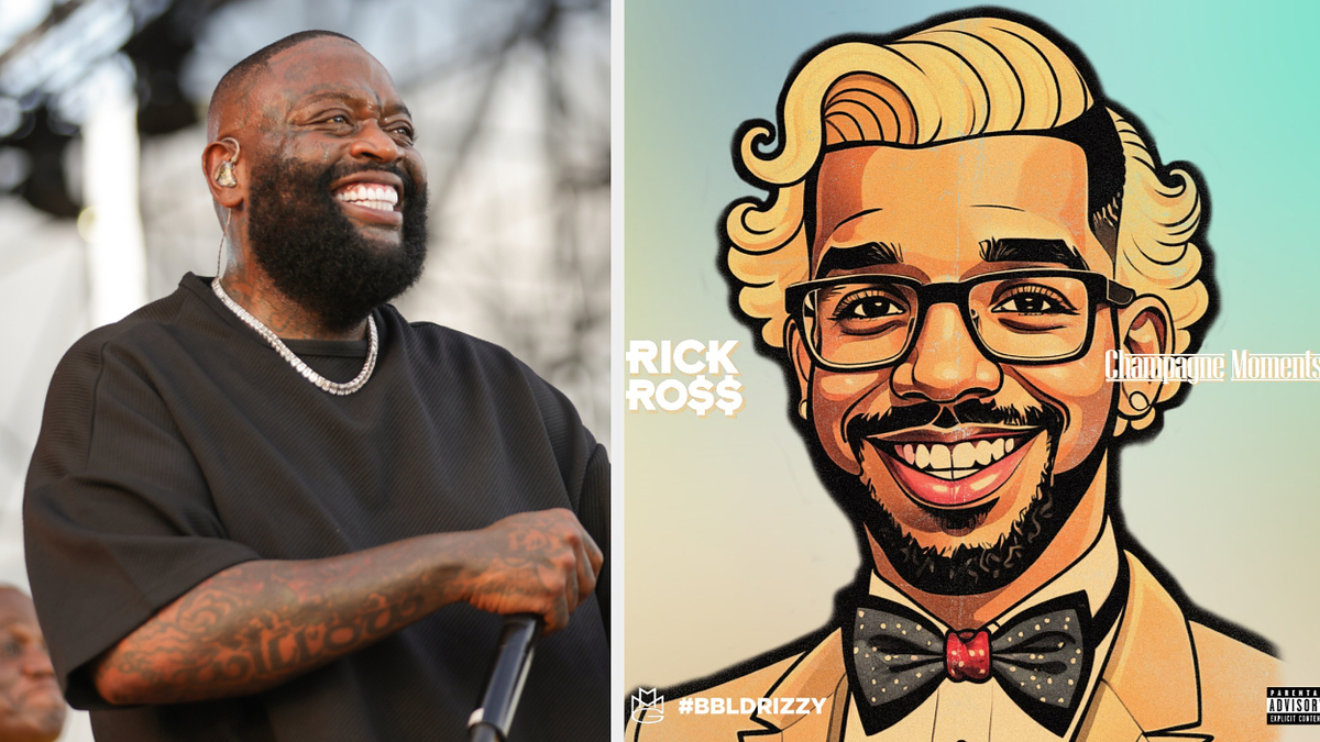 Rick Ross performing on stage; next to an illustration of Drake with light-colored hair, glasses, and a bowtie, labeled 'Rick Ross' and 'Champagne Mami'
