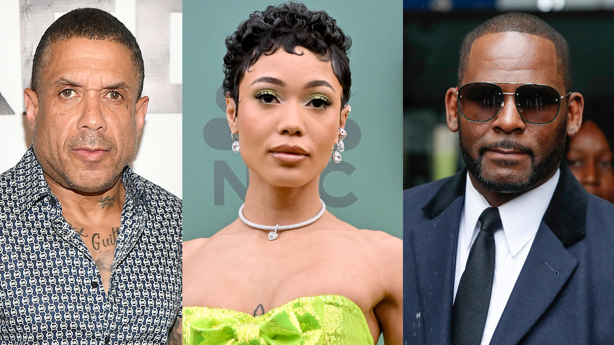 Benzino, Coi Leray, and R. Kelly at separate events. Benzino is in a patterned shirt, Coi Leray in a strapless dress with a necklace, R. Kelly in a suit with sunglasses