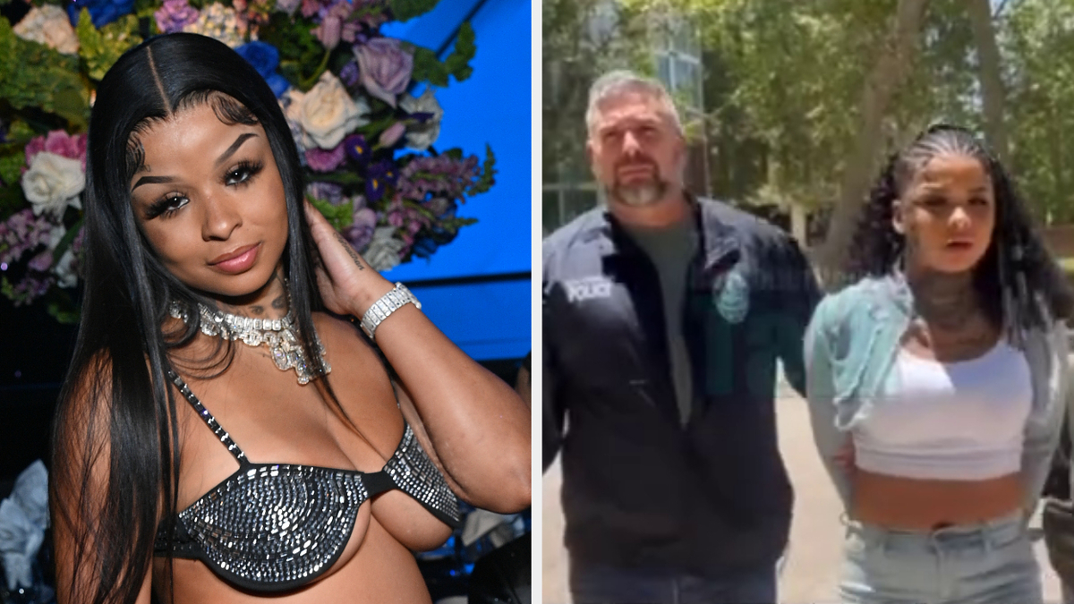 Chrisean Rock on the left in a sparkling top and jewelry. On the right, she is being escorted by a man in a police-style jacket