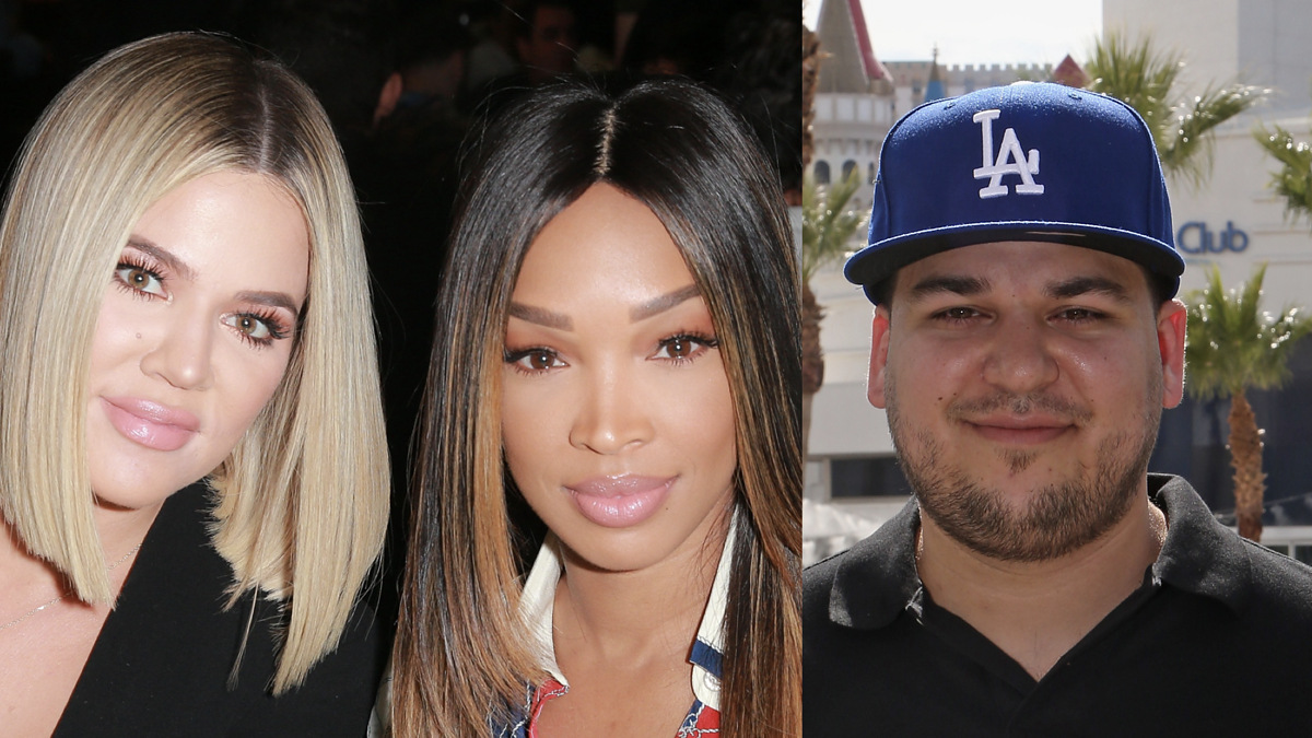 Khloé Kardashian, Malika Haqq, and Rob Kardashian at an outdoor location. Khloé and Malika show stylish hair and makeup, while Rob sports a LA Dodgers cap