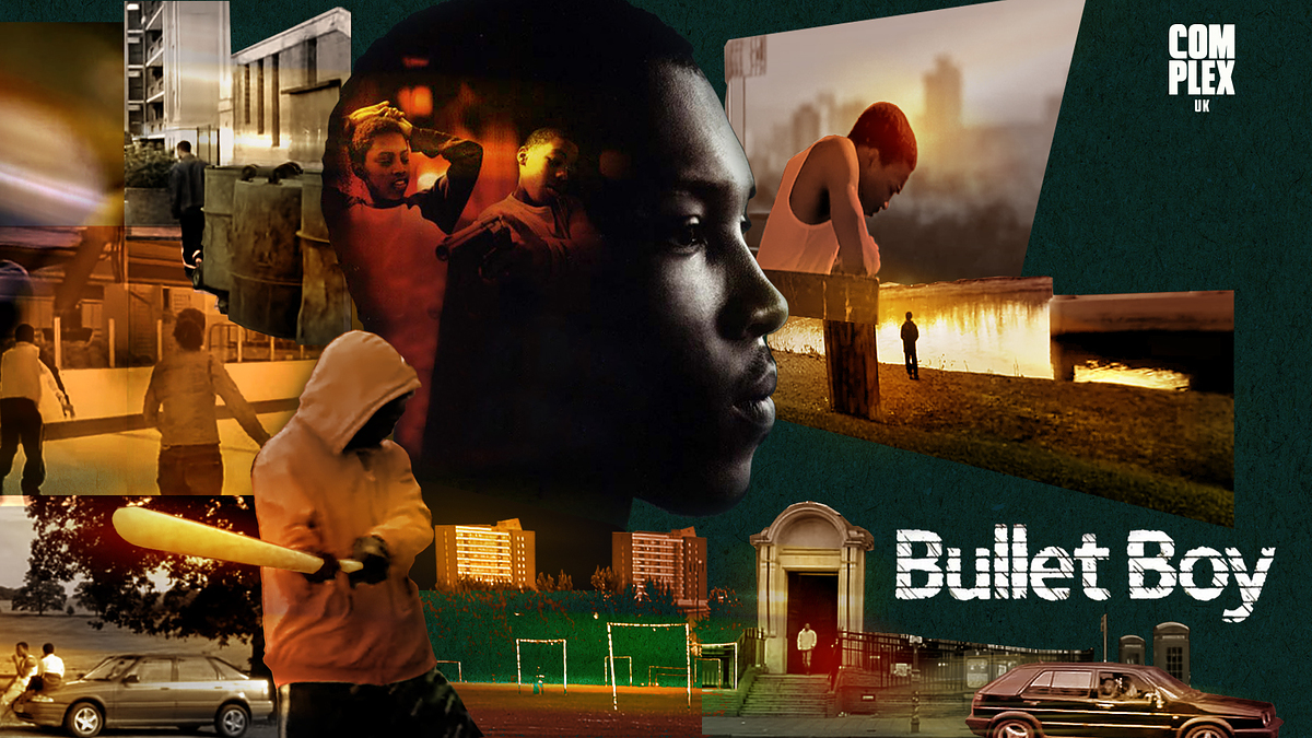 Collage of scenes from the film "Bullet Boy," showing a young man in various urban settings, with dramatic and tense imagery, and a car in the bottom right